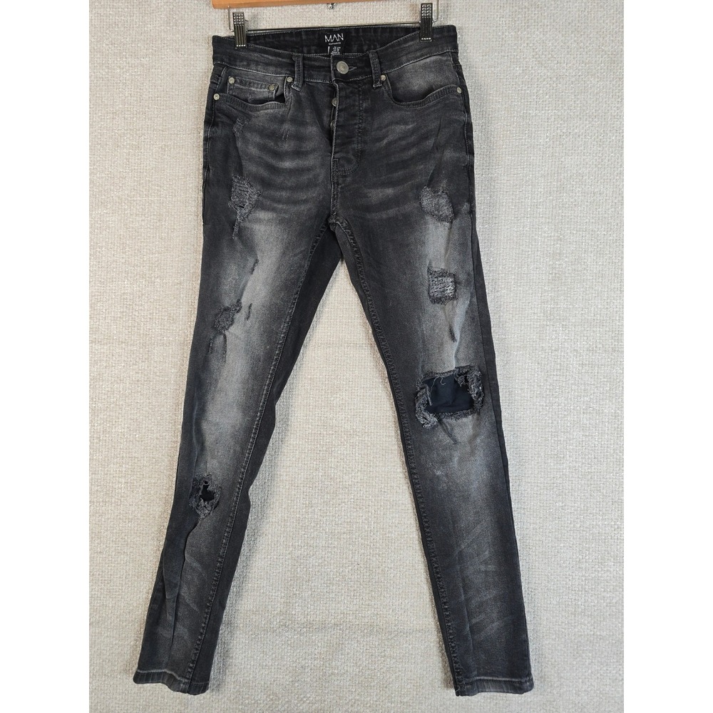boohooMAN Mens Skinny Distressed Ripped Jeans Faded Black Button Fly 30R (28x28)
